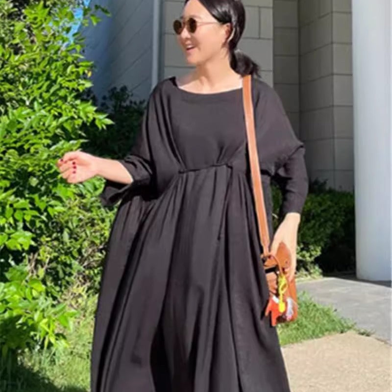 Damen Langes Smock‑Maxikleid mit tiefer Taillennaht und weitem Glockenrock – Valéora