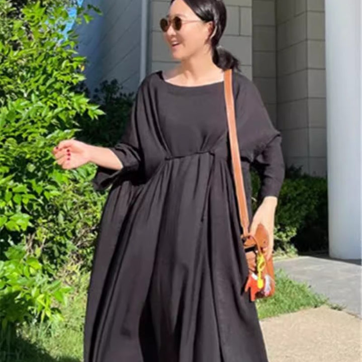 Damen Langes Smock‑Maxikleid mit tiefer Taillennaht und weitem Glockenrock – Valéora