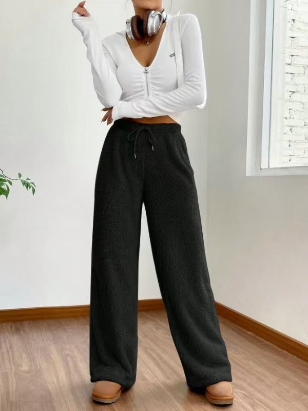 Damen nan hochtaillierte Teddyfleece-Loungehose mit weitem Bein, Kordelzug und seitlichen Eingrifftaschen Echo Archiv
