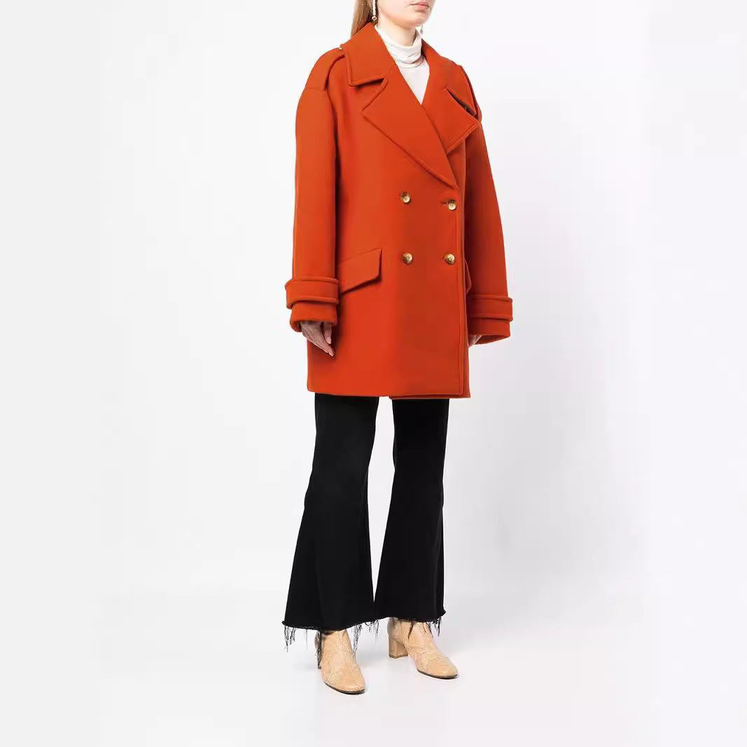 Damen Oversize Zweireihiger Kurzmantel aus Wollmix mit überbreiten Ärmeln und goldenen Zierknöpfen Echoarchiv
