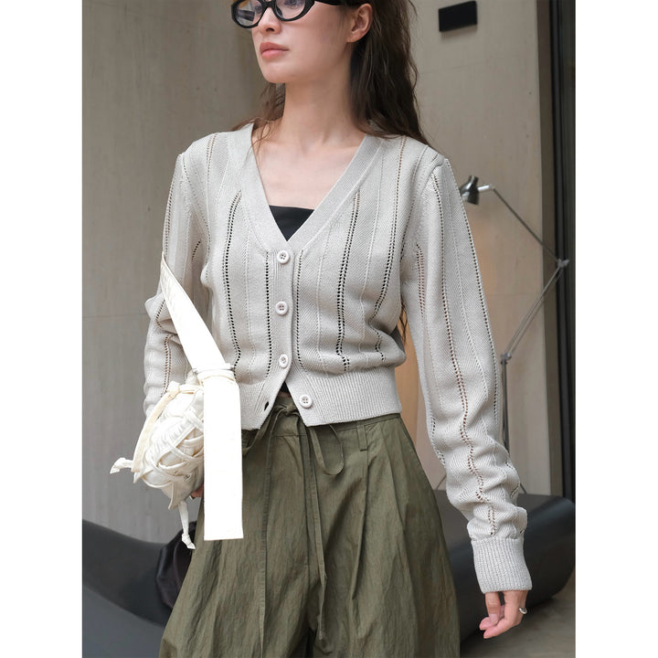 Damen Leichter Ajourstrick-Cardigan mit V-Ausschnitt und tailliertem Rippbund Echoarchiv
