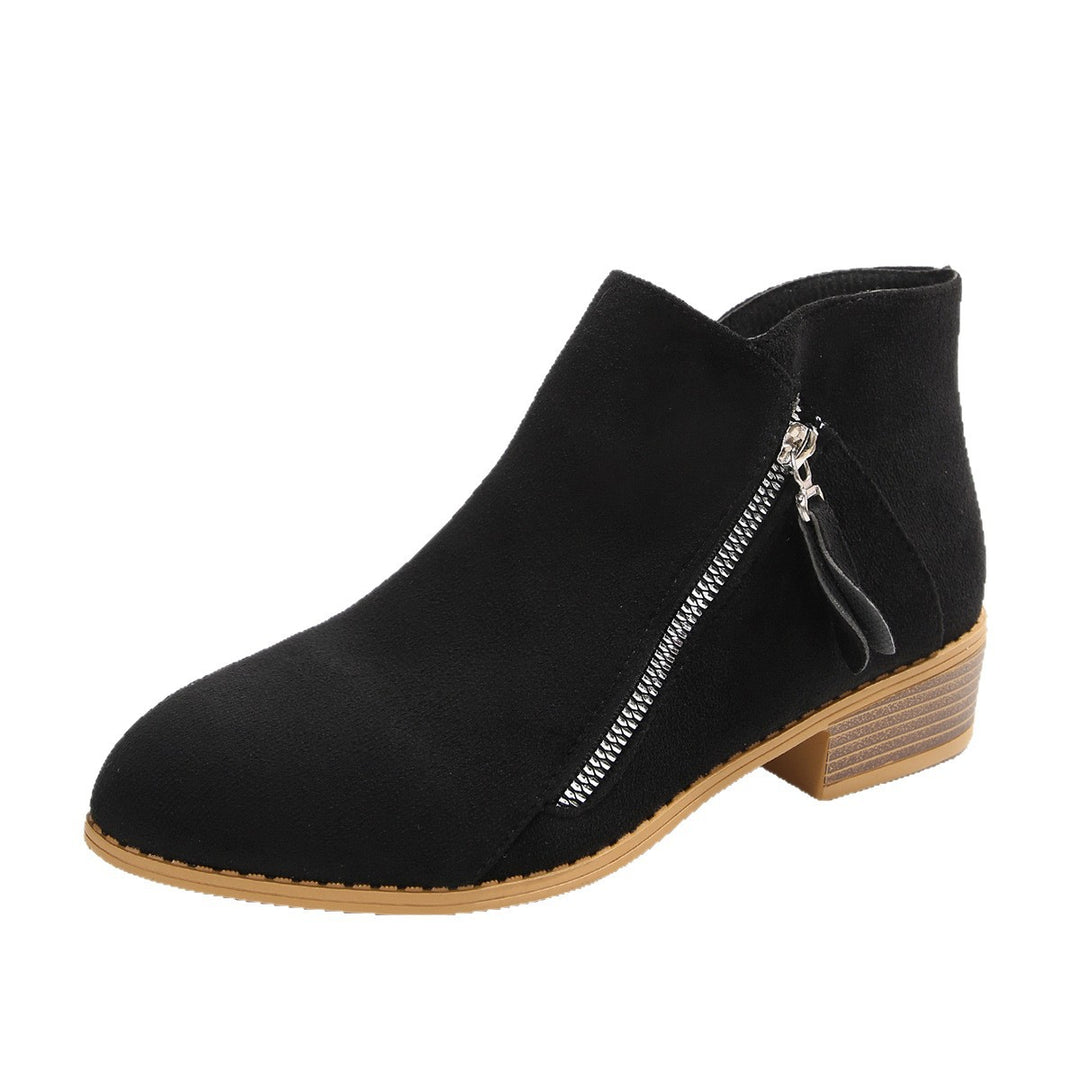 Damen Moderne Kurzschaft-Stiefelette mit sichtbarem Metallreißverschluss und niedriger Holzoptik-Blocksohle – Varelle