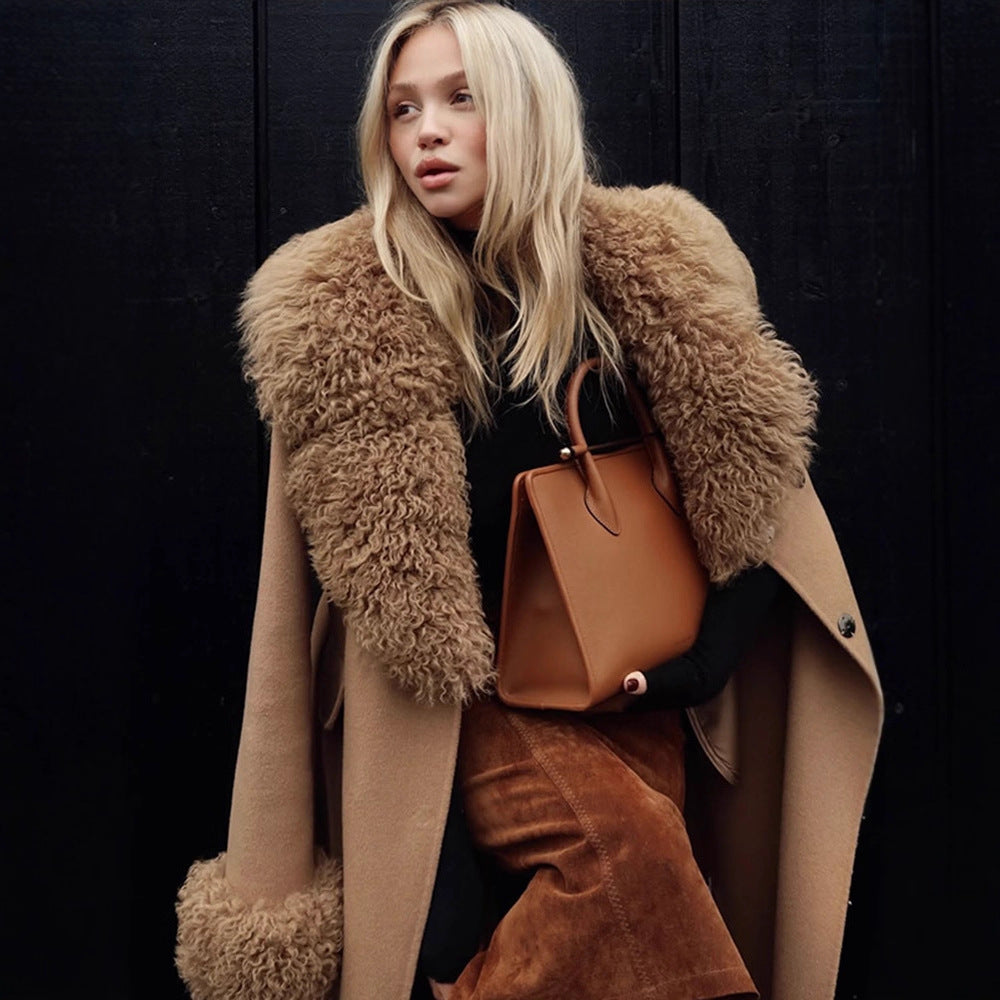 Damen Maxilanger Wollmixmantel mit abnehmbarem lockigem Faux‑Fur‑Schalkragen und Fellmanschetten Echoarchiv
