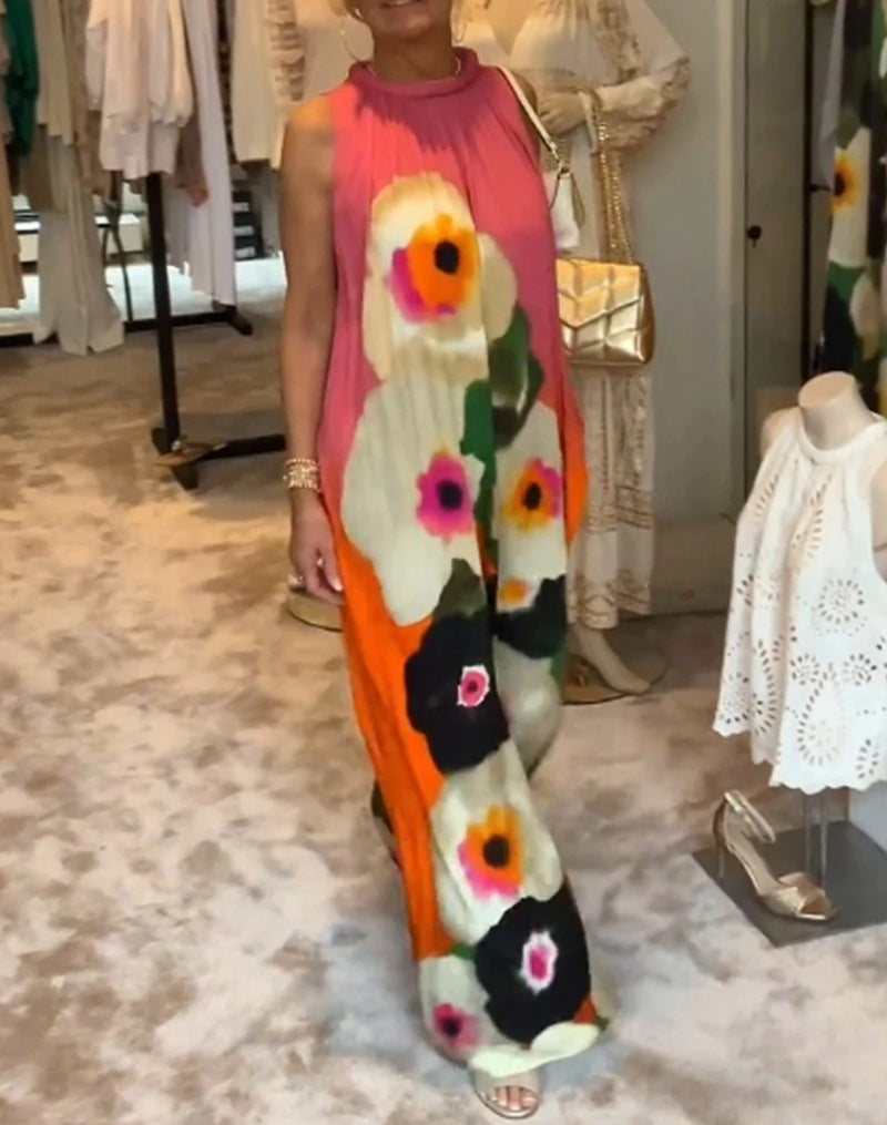 Damen nan ärmelloses Maxikleid mit gerafftem Stehkragen, weitem Palazzoschnitt und großfloralem Druck Echo Archiv