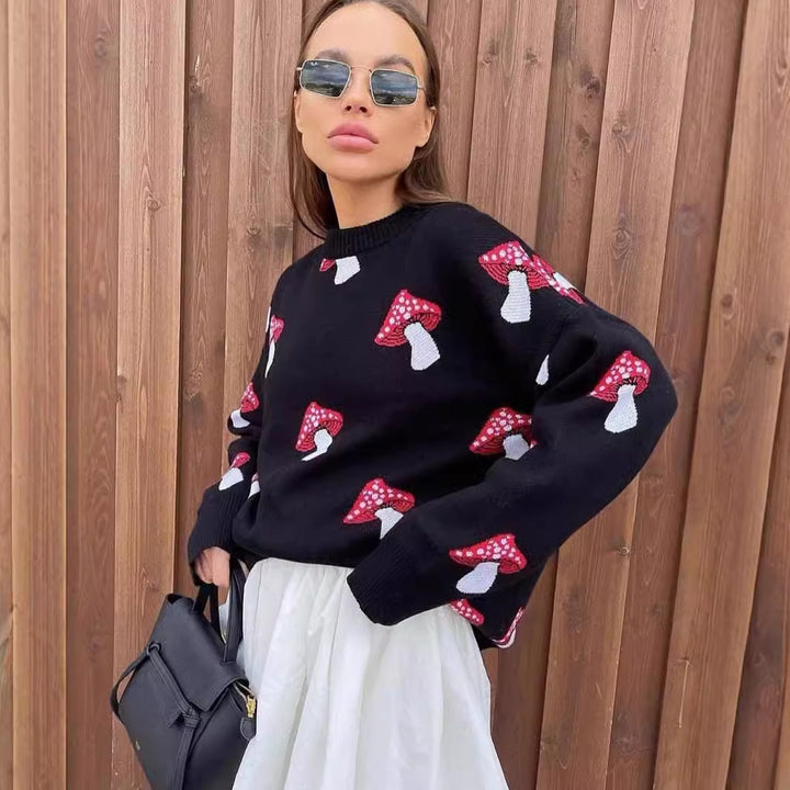 Damen weiter Strickpullover mit Pilzmotiv Rundhals Rippbündchen – Mavelle