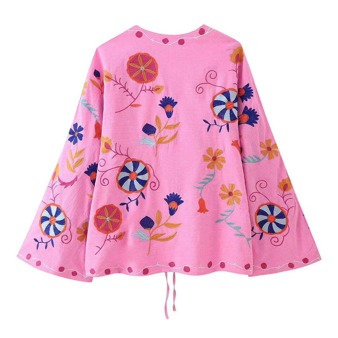 Damen nan leichte bestickte Baumwoll-Kimonojacke im Boho‑Stil mit Bindeband Echo Archiv