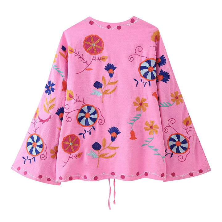 Damen nan leichte bestickte Baumwoll-Kimonojacke im Boho‑Stil mit Bindeband Echo Archiv