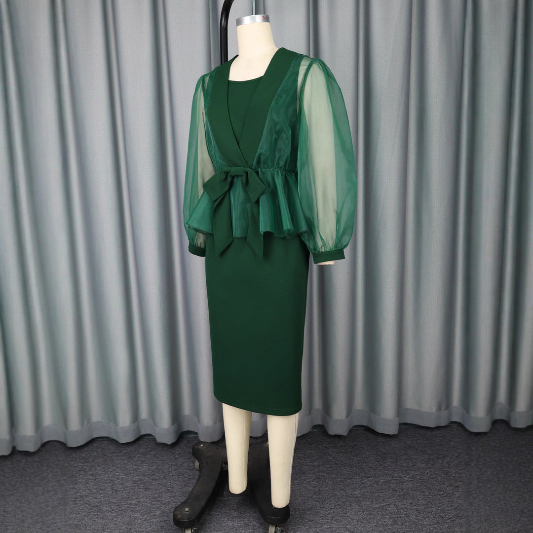 Damen elegantes Kleid mit transparentem Ärmel und tailliertem Gürtel Echo Archiv