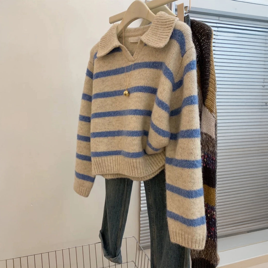 Damen nan kuscheliger Oversize-Strickpullover mit Polokragen und breiten Streifen Echo Archiv