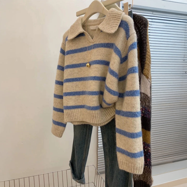 Damen nan kuscheliger Oversize-Strickpullover mit Polokragen und breiten Streifen Echo Archiv