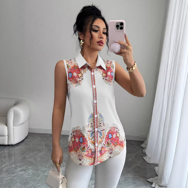 Damen Ärmellose Hemdbluse mit Kentkragen, A-Linien-Silhouette und durchgehender Knopfleiste – Élovi