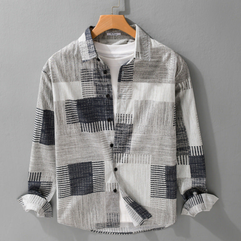 Herren Gemustertes Langarm-Hemd im Patchwork-Look aus leichtem Baumwollmix Relaxed Fit Echoarchiv