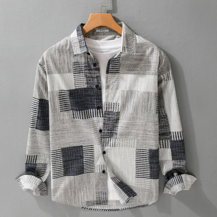Herren Gemustertes Langarm-Hemd im Patchwork-Look aus leichtem Baumwollmix Relaxed Fit Echoarchiv