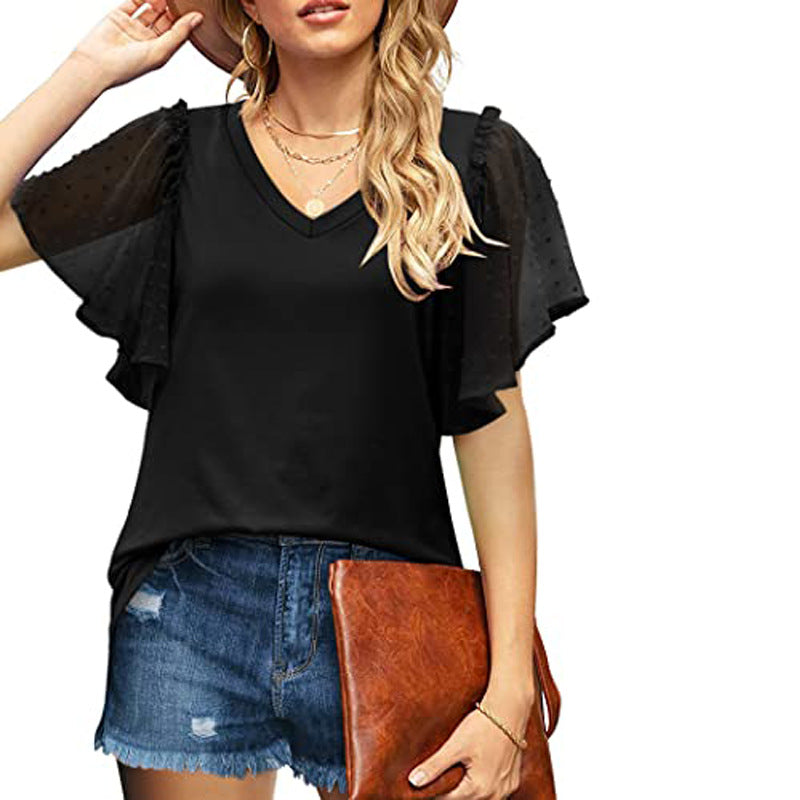 Damen V-Ausschnitt Bluse mit transparenten Rüschenschultern Echo Archiv