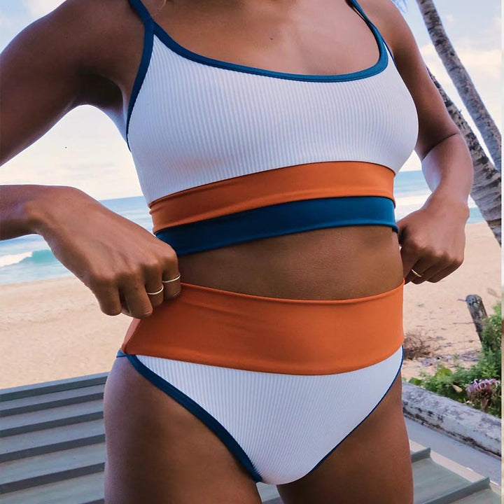 Damen Hoch tailliertes Bikini-Set mit modischen Blockstreifen Echo Archiv