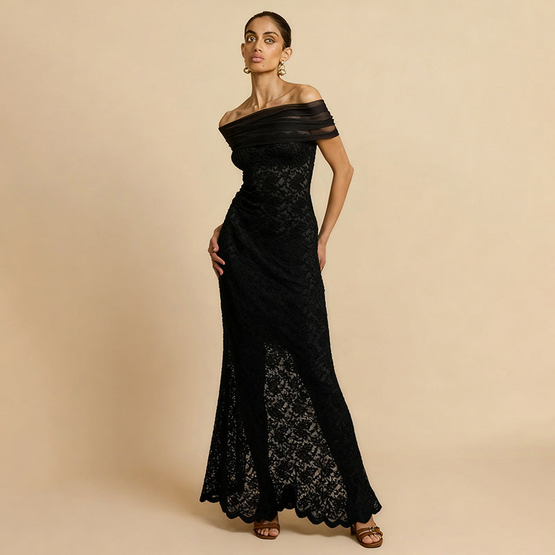 Damen Spitzen-Maxikleid mit schulterfreiem Design und elegantem Drapierungseffekt Echo Archiv