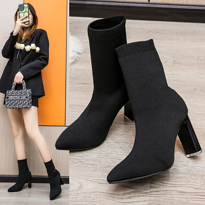Damen Stretch‑Sock‑Boots mit gestricktem Schaft und konischem Blockabsatz Echo Archiv