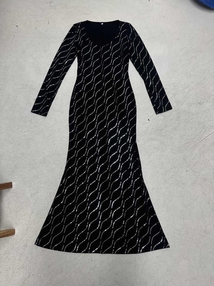Damen nan langärmeliges Bodycon-Mermaid-Abendkleid mit Wellen-Strassbesatz Echo Archiv