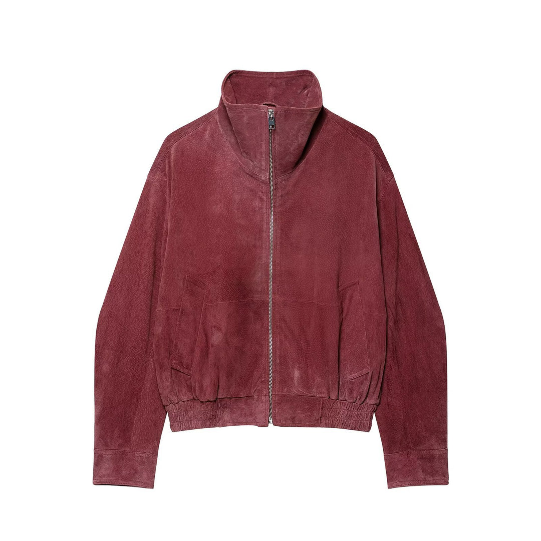 Damen Kurzschnitt Veloursleder-Bomber mit hohem Stehkragen und elastischem Saum Echo Archiv