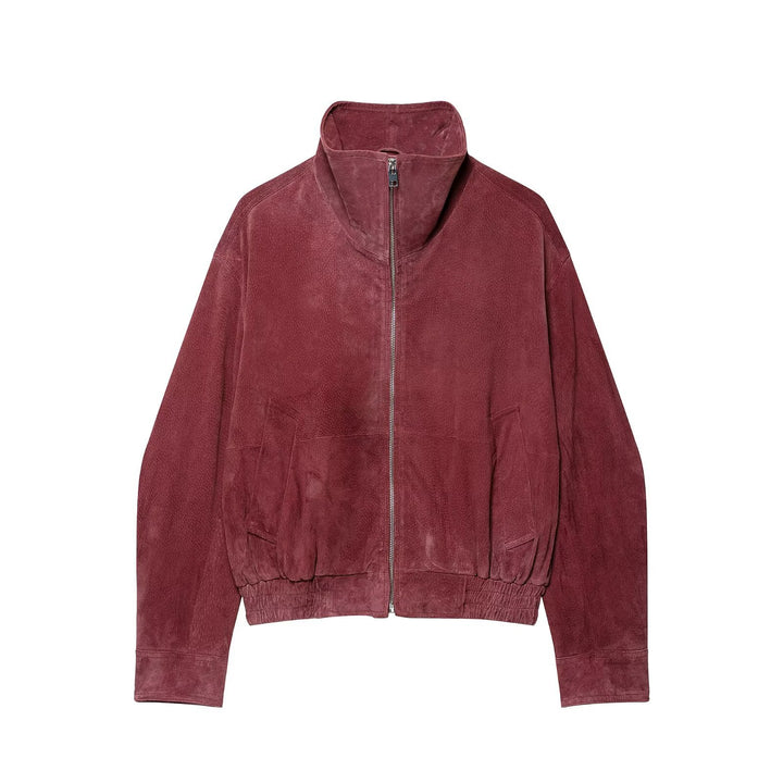 Damen Kurzschnitt Veloursleder-Bomber mit hohem Stehkragen und elastischem Saum Echo Archiv
