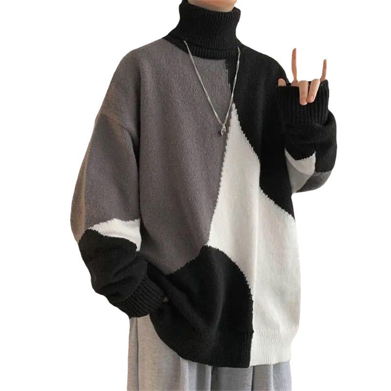 Herren Grobstrickpullover mit hohem Kragen und modernen Farbblocks Echoarchiv