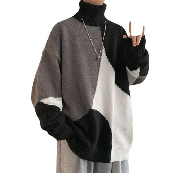 Herren Grobstrickpullover mit hohem Kragen und modernen Farbblocks Echoarchiv
