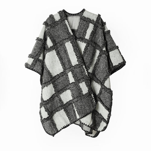Damen Oversize-Cape aus Wollmix mit strukturierter Karo‑Jacquard‑Optik und offener Front – Avérine