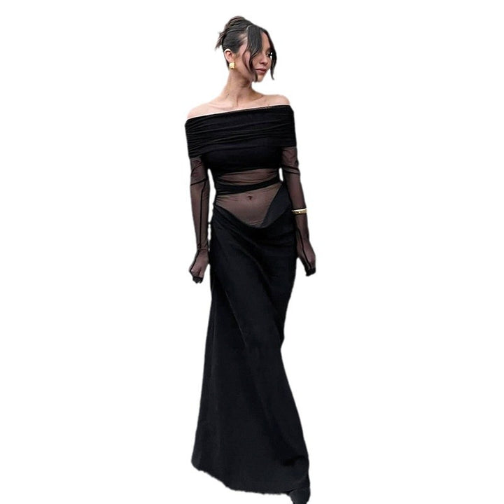 Damen Maxikleid mit schulterfreiem Design und fließendem Stoff Echo Archiv