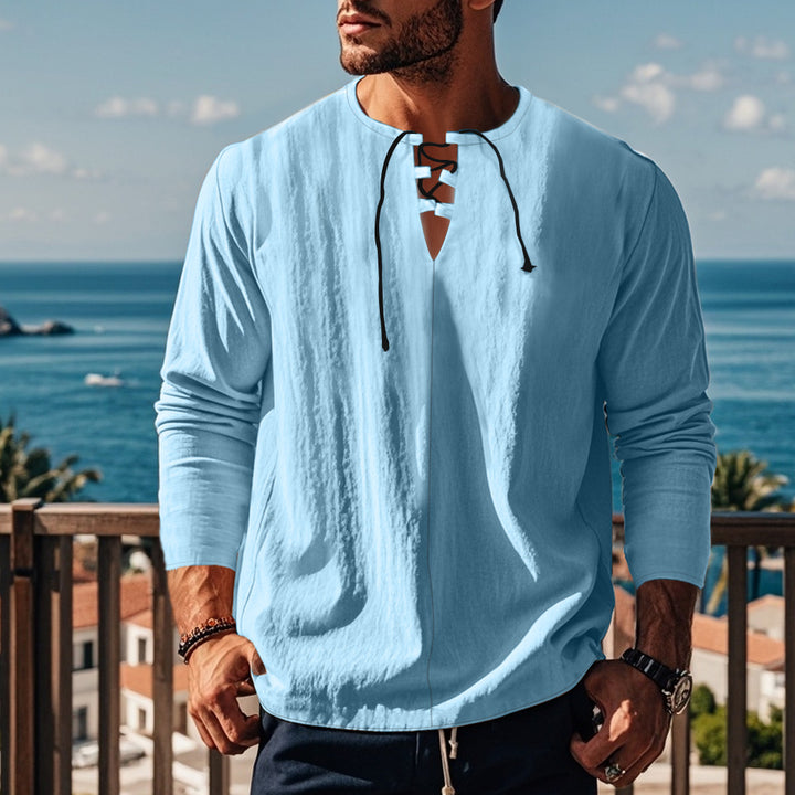 Herren lässiges Langarmshirt mit modischem Schnürdesign und atmungsaktiver Textur Echoarchiv
