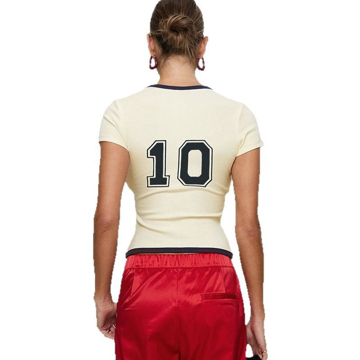 Damen Figurbetontes geripptes T-Shirt mit Logoprint und Kontrastkragen Echo Archiv