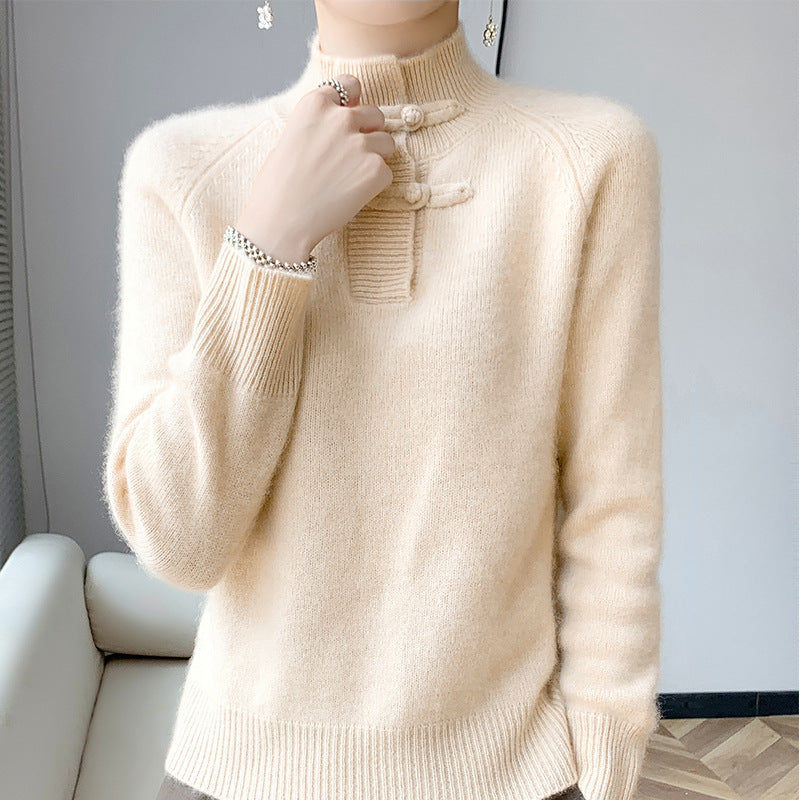 Damen Kaschmir‑Optik Mockneckpullover mit dekorativer KnEchoarchivelknopfblende Echoarchiv