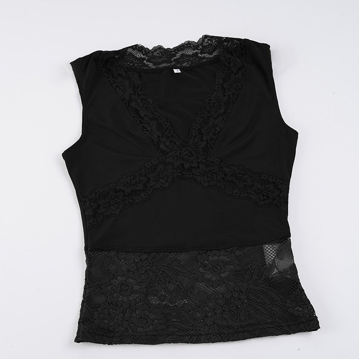 Damen-Spitzen-Tanktop mit tiefem V-Ausschnitt und dekorativen Rüschendetails Echo Archiv