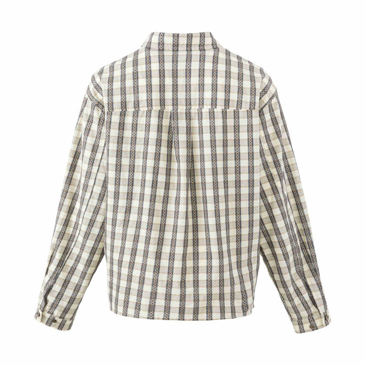 Damen Locker geschnittene Bluse im Vintage‑Karo mit dekorativer Zierknopfleiste Echoarchiv
