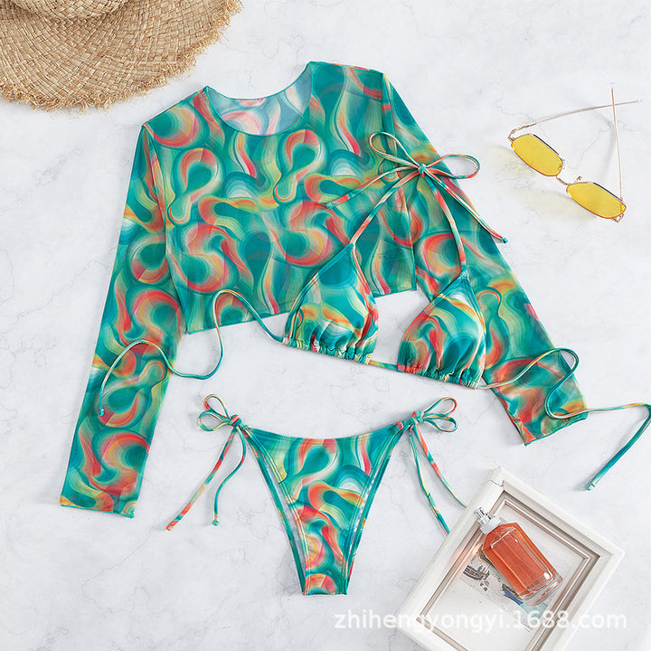 Damen Bikini-Set mit langärmligem Oberteil und verspielten Bindebändern Echo Archiv