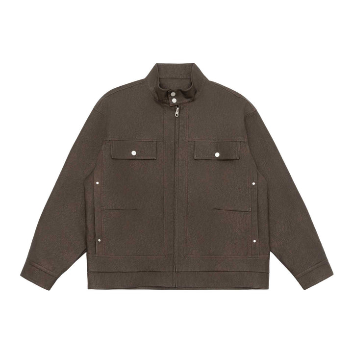 Unisex Boxy-Kunstleder-Blousonjacke mit Stehkragen und aufgesetzten Pattentaschen Echoarchiv