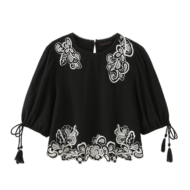 Damen bestickte Bluse mit Trompetenärmeln, Quasten und floraler Spitzenbordüre Echoarchiv