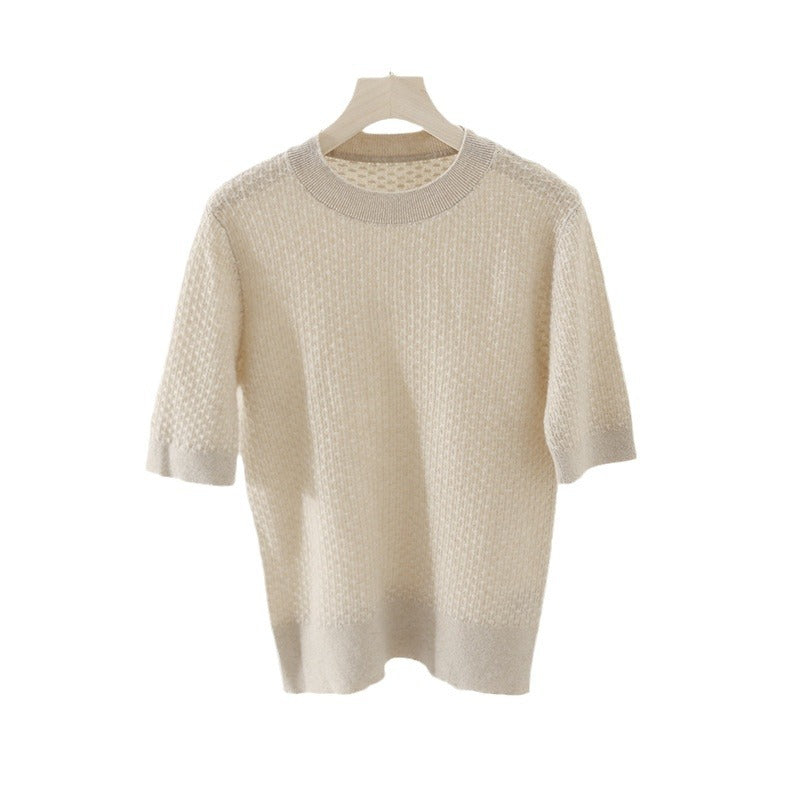 Damen Kurzärmeliges Feinstrickshirt mit Ajourstruktur und geripptem Saum Echo Archiv