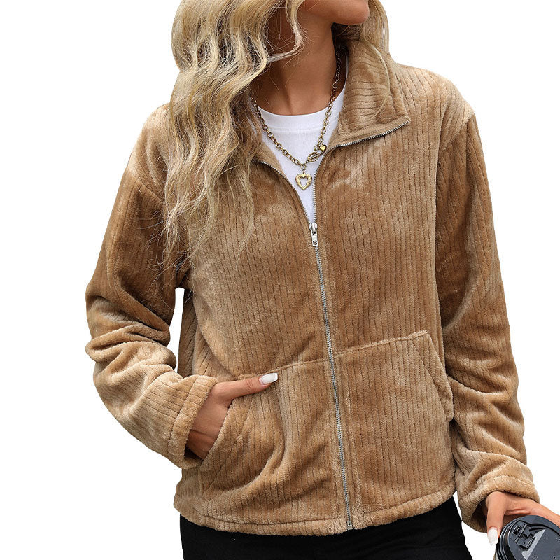 Damen Plüsch-Cordjacke mit Stehkragen, Reißverschluss & Kängurutaschen Echoarchiv