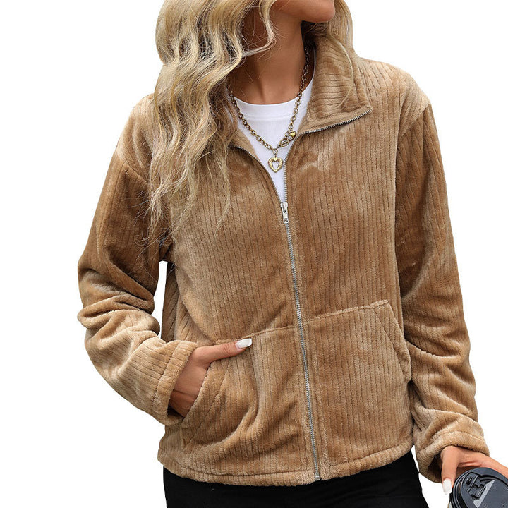 Damen Plüsch-Cordjacke mit Stehkragen, Reißverschluss & Kängurutaschen Echoarchiv
