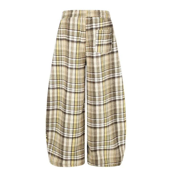 Damen Weite Karierte Palazzo-Loungehose mit hohem Komfortbund und Saumkordel Echoarchiv