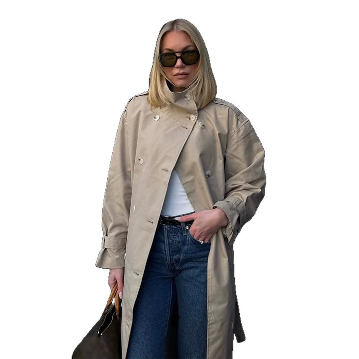 Damen Maxi-Trenchcoat mit hohem Stehkragen, doppelreihiger Knopfleiste & Taillengürtel Echoarchiv
