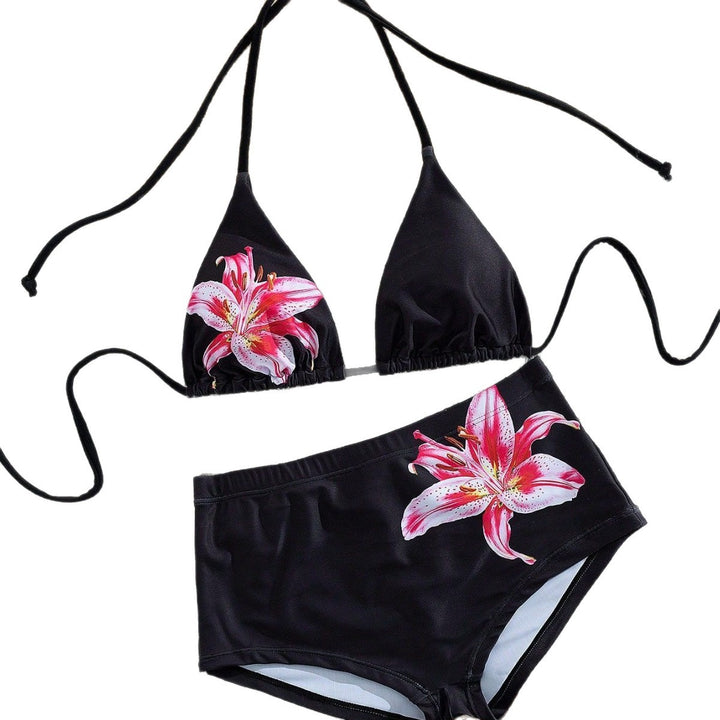 Damen Hochgeschnittener Bikini mit gestreiftem Design und floralen Akzenten Echo Archiv