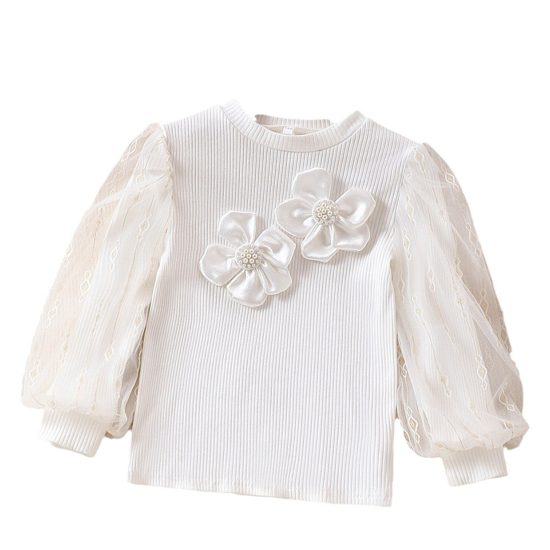 Mädchen modische Bluse mit transparenten Puffärmeln und floralen Akzenten