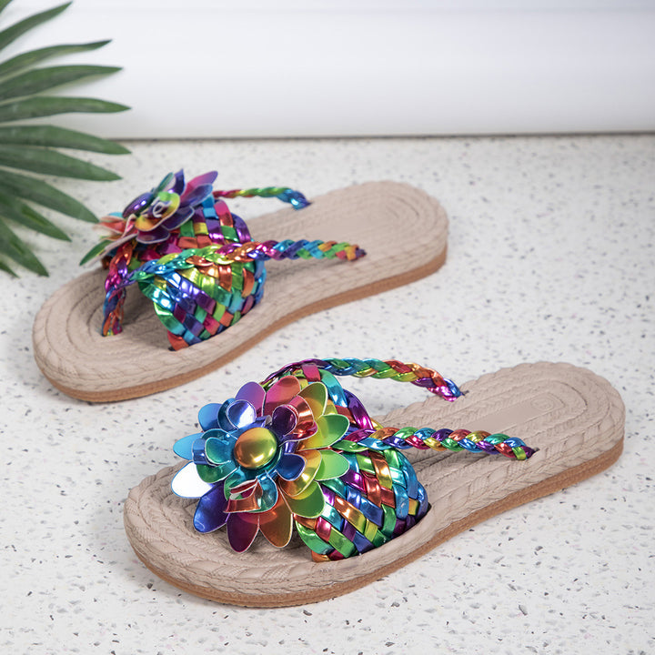 Damen Geflochtene Zehentrenner‑Sandalen mit XXL‑Blütenapplikation und gepolstertem Komfortfußbett – Sorelia