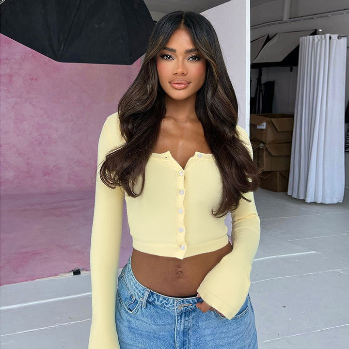 Damen Cropped Langarmshirt mit Knopfleiste und weitem Ausschnitt Echo Archiv