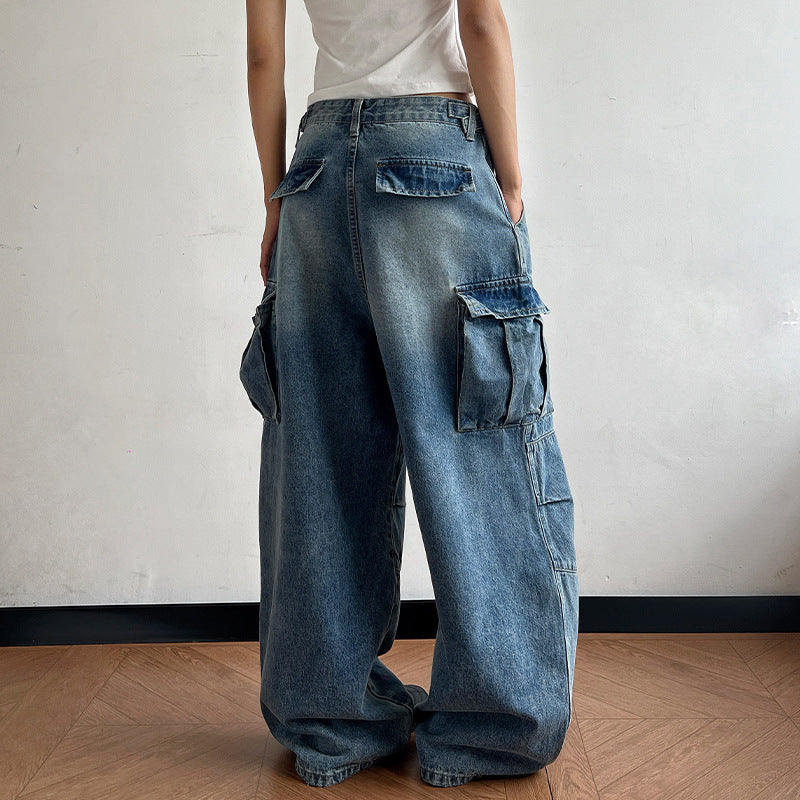 Damen Ultraweite Palazzodenim-Cargohose mit tiefem Schritt und übergroßen Klappentaschen Echo Archiv