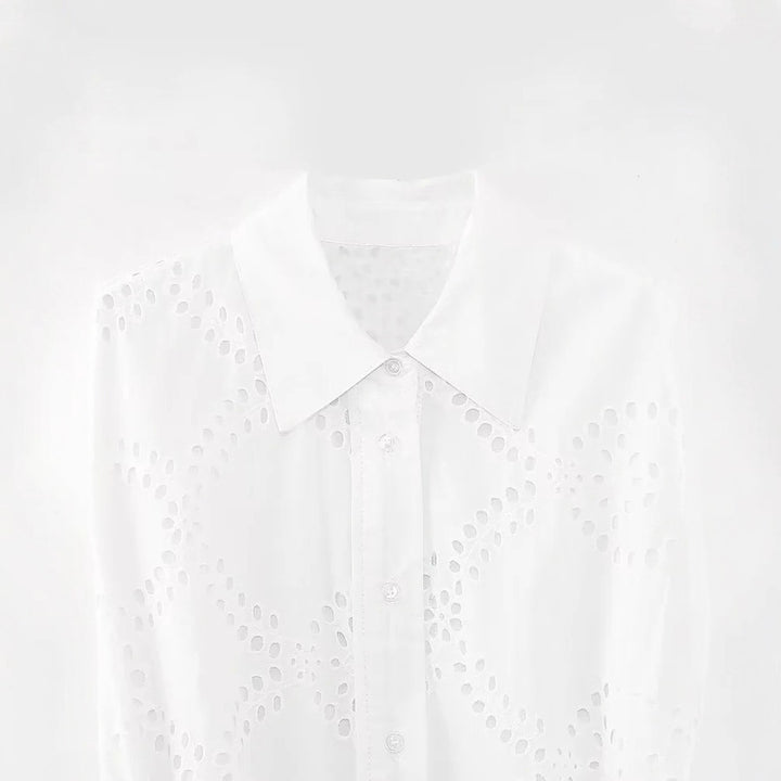 Damen langes Broderie-Anglaise Hemdblusenkleid mit Taillengürtel – Valéora