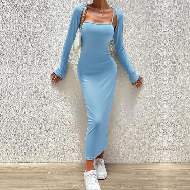 Damen schlankes Maxikleid mit Spaghettiträgern und abnehmbaren Bolero-Ärmeln – Valéora