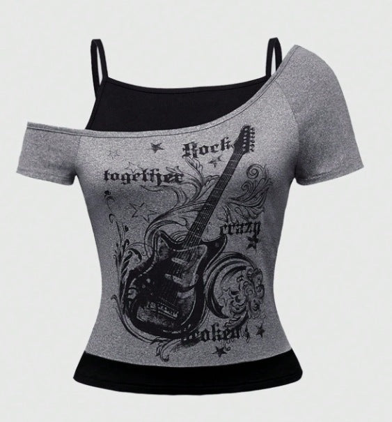 Damen Asymmetrisches Rock-T-Shirt mit grafischem Druck Echo Archiv