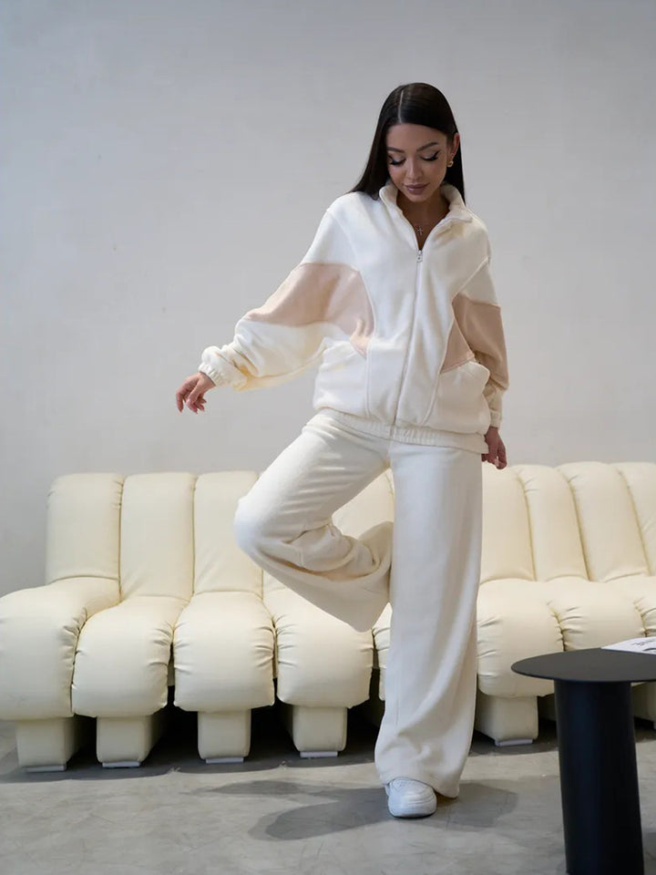 Damen Oversized Fleece-Lounge-Set mit Stehkragen, Reißverschlussjacke und weiter Palazzohose – Auréline